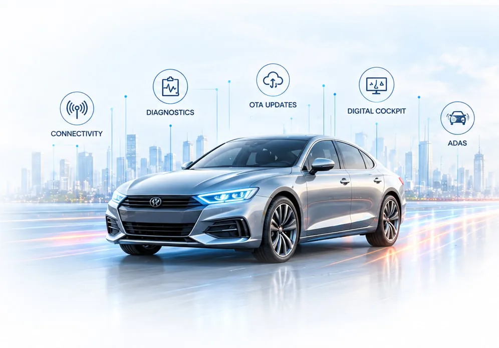 Connected vehicle with diagnostics, OTA updates, digital cockpit and ADAS features